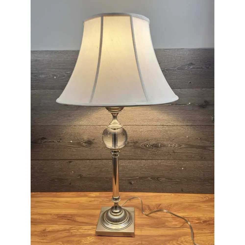 Restoration Hardware Polished Nickel Crystal Ball Table Lamp 32” Original Shade